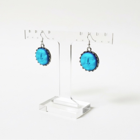 Iridescent Blue Moon Face Earrings Hand Crafted Sterling Silver Wires - Picture 1 of 6